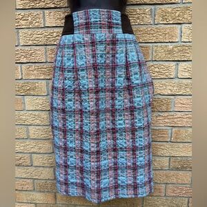 Blue and Red Knee-Length Pleated Pencil Skirt